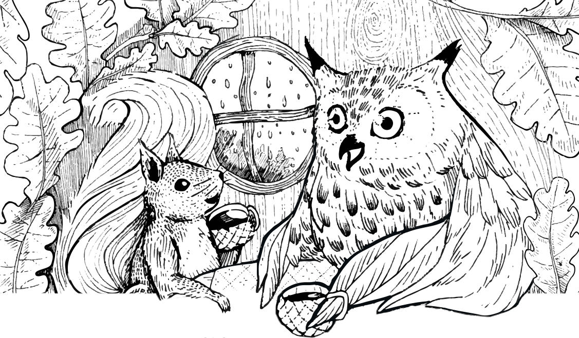 Squirrel and Owl conversing over tea